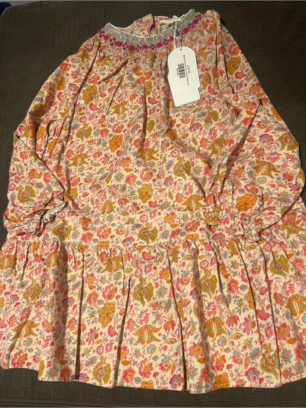 Mishka Floral Smocked Neckline Dress in Pink, Mustard & Green